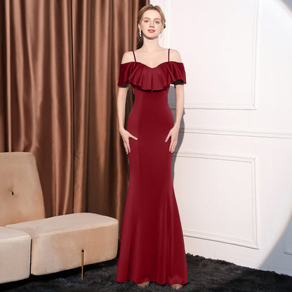 2025 Evening dress women's light luxury high sense one word shoulder slim and thin temperament celebrity banquet long fishtail dress