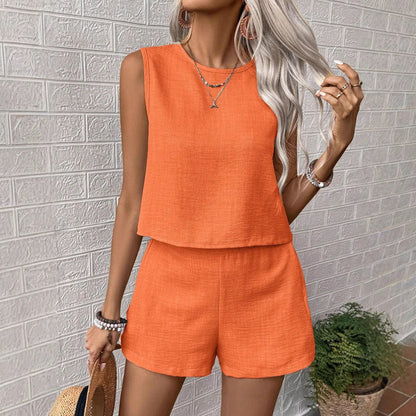 2025 New   solid color imitation cotton and linen sleeveless vest shorts casual fashion two-piece suit women
