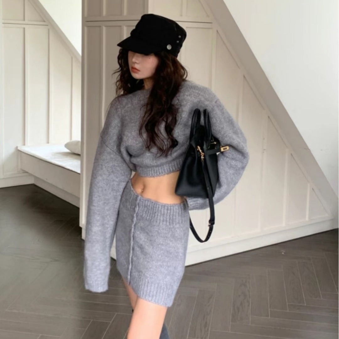 jinran concert outfit Dongdaemun 2024 Winter New Fashion Solid Color Sweater Hot Girl Knitted Hip Skirt Two-Piece Suit for Women