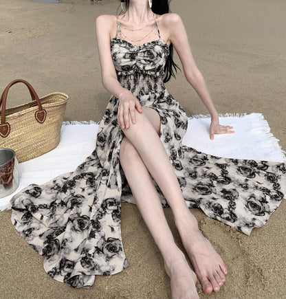 2025 Holiday style  temperament sexy backless tube top neck dress beautiful romantic retro wear floral dress