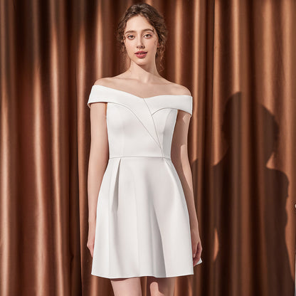 2025 Evening dress women's high-end high-end temperament socialites banquet small people with one-word shoulders can usually wear short dresses