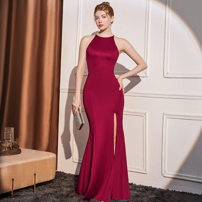 2025 Evening dress women's light luxury niche high-end bridal toasting suit model catwalk car model hanging neck fish tail long dress