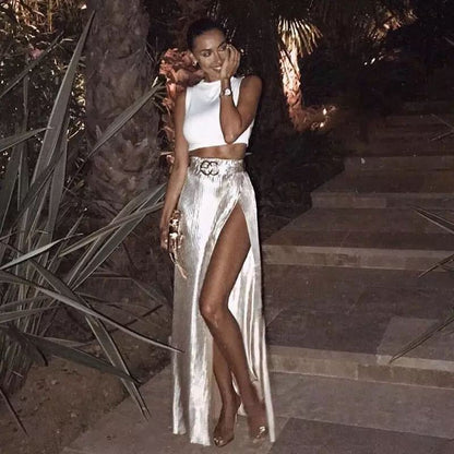 2025 2025 New  thin pit strips, spring skirt elegant and high split women's skirt INS long skirt women