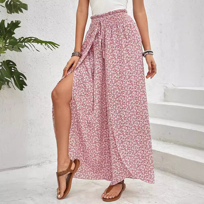 2025 Tiktoktemu  women's clothing  summer new fashion versatile floral side slit wide-leg culottes