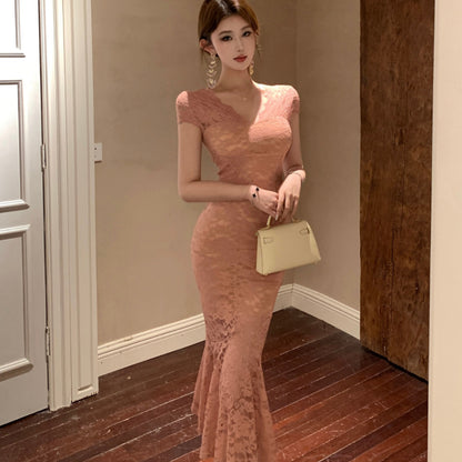 2025 Celebrity women's clothing  spring and summer new  lace short-sleeved fishtail thin bag arm slim dress small dress