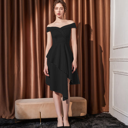 2025 Evening dress female small one-word shoulder medium and long thin company annual meeting host irregular hem dress