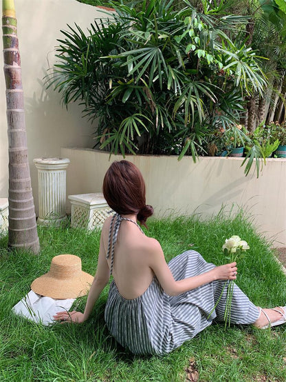 2025 neck dress women's summer new high-end cotton and linen stripes loose and thin backless long skirt