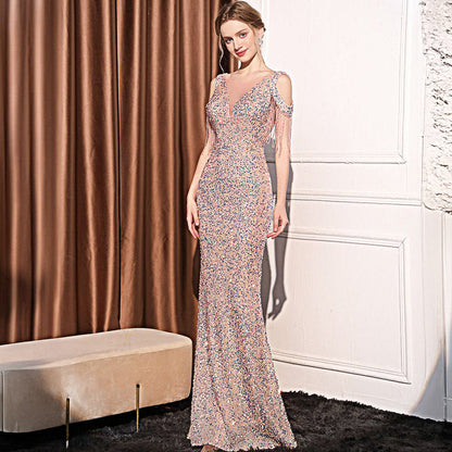 2025 Evening dress dress female high-end temperament celebrity light luxury banquet party sequins long slim and thin fishtail dress