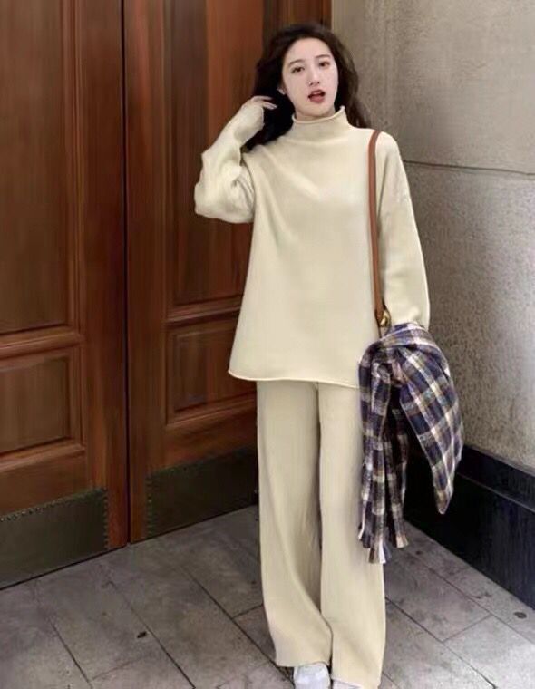 jinran mini uggs outfit Knitted Sweater Suit Women's Autumn and Winter New Style Fried Street Western Style Internet Celebrity Fashion Temperament Wide-Leg Pants Two-Piece Set