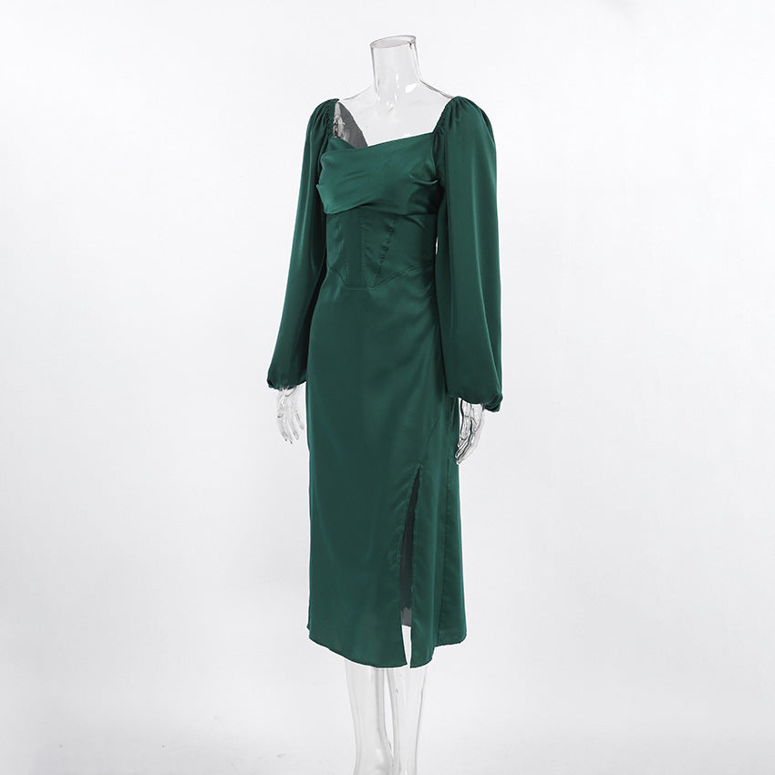 2025 slim-fitting square-neck bubble-sleeved dress, satin  temperament, medium and long skirt, lace-up, split A-shaped skirt, women's clothing