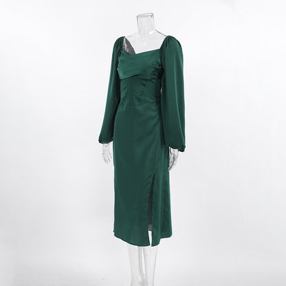 2025 slim-fitting square-neck bubble-sleeved dress, satin  temperament, medium and long skirt, lace-up, split A-shaped skirt, women's clothing
