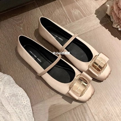 2025 Spot sheepskin version~ New niche pig nose drill buckle silk satin Mary Jane ballet flats women's single shoes