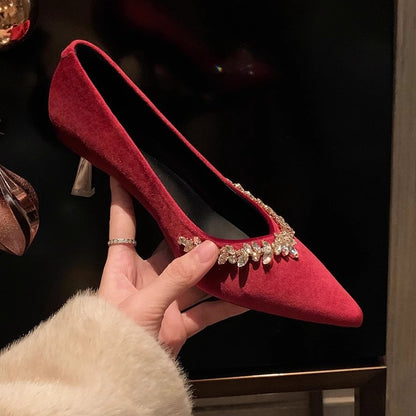2025 Sheepskin version~ New  sparkling rhinestone silk temperament small pointed tip thin heel shallow mouth wedding shoes high heels women's shoes