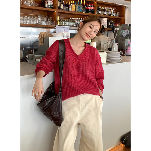 jinran Fall Outfits Lazy Style Thick Needle Sweater for Women 2024 Autumn New V-neck Knitted Top