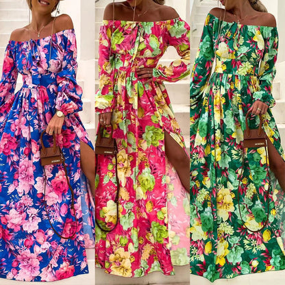 New summer new  bohemian vacation style one-word collar big swing dress fashion printed dress