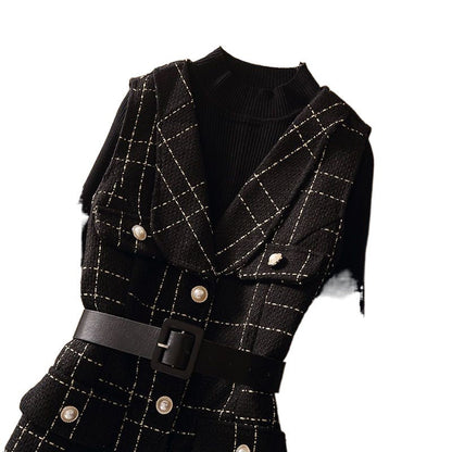 jinran fall outfits 2024 Woolen Dress Women's Fashion Suit Age-Reducing Autumn New Plaid Sling A- line Vest Skirt Knitted Bottoming Shirt