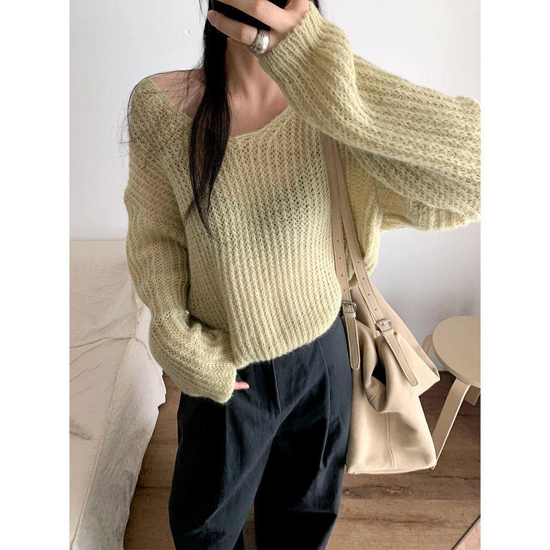 jinran Fall outfits Weaelab 2024 Autumn New Korean Style Loose Hollow Wool V-neck Knitted Sweater for Women Trendy Lw7275