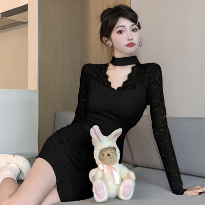 2025 Lace neck white dress  spring and summer new sexy hollow v-neck slim-fitting hip-wrapped inner bottom skirt
