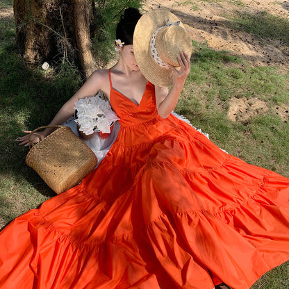 2025 Jiang Shuying star with the same backless suspender skirt seaside vacation beach skirt high waist solid color pendulum dress women's summer