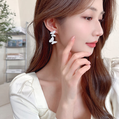 2025 Exquisite full diamond double butterfly earrings S925 silver needle women's light luxury temperament versatile niche design temperament earrings