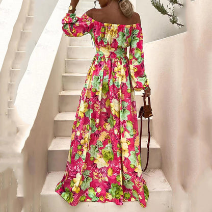New summer new  bohemian vacation style one-word collar big swing dress fashion printed dress