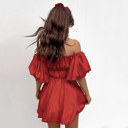 2025 summer new  bubble sleeve cotton and linen pleated princess dress small dress short sleeve one-word collar women's dress