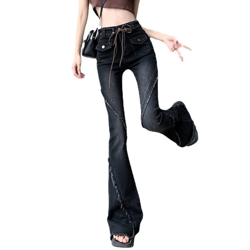 jinran concert outfit ideas American-Style Retro Frayed Lace-up Micro-Pull Denim Trousers Women's New Hot Girl High Waist Stretch Flared Pants