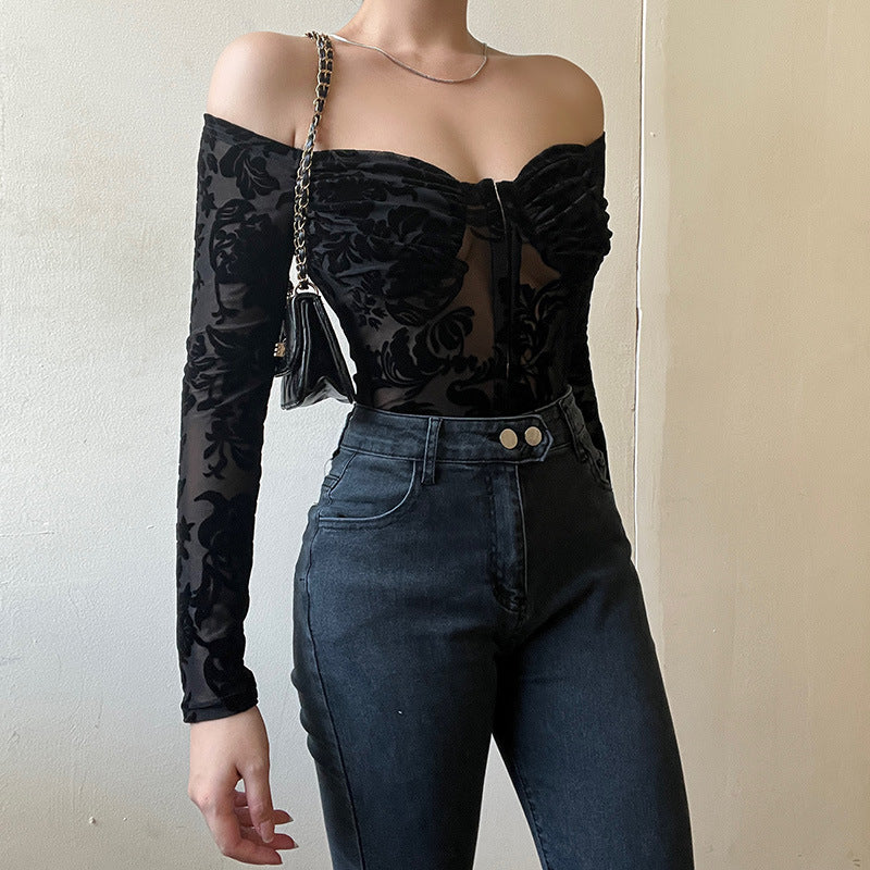 jinran barn jacket outfits Summer New Lace Printed Slim-Fit Jumpsuit Style Flocking off-Shoulder Long-Sleeved Top for Women