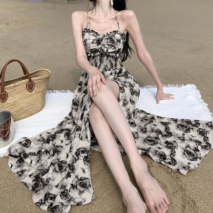 2025 Holiday style  temperament sexy backless tube top neck dress beautiful romantic retro wear floral dress