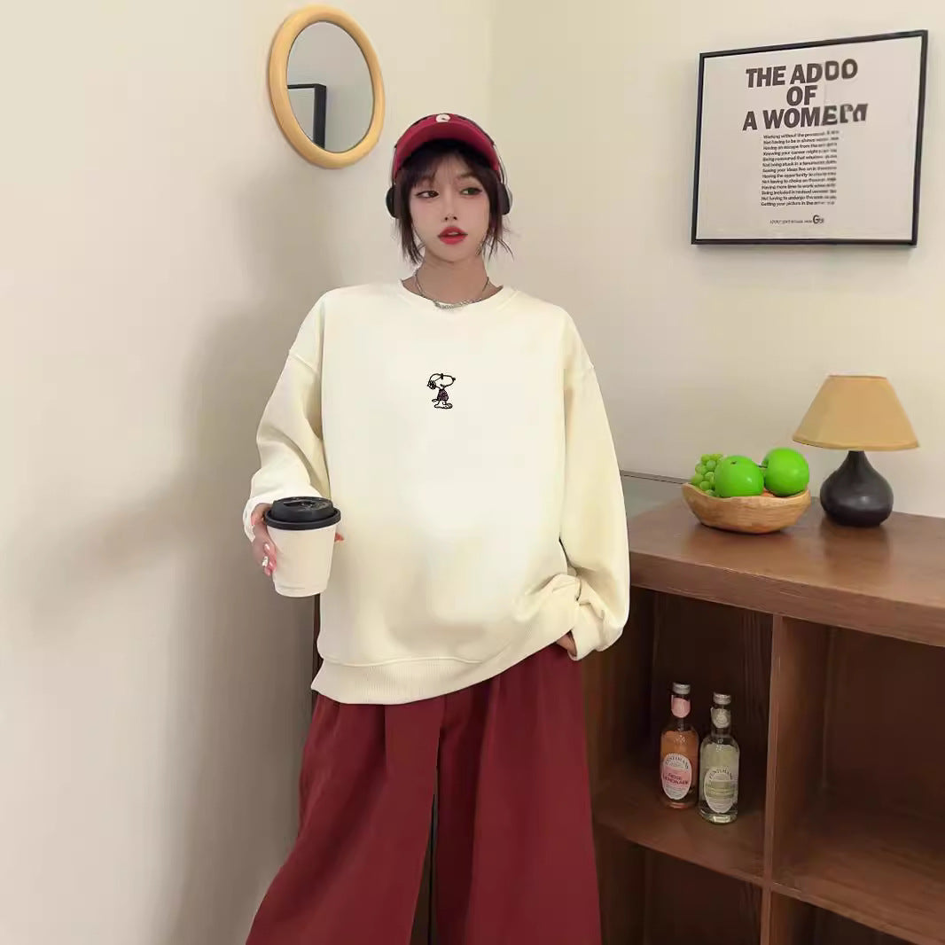 jinran non binary outfits Cartoon Embroidery 2024 Chinese Cotton Composite Milk Silk Korean Ins Style Western Style All-Match Loose Casual Sweater for Women