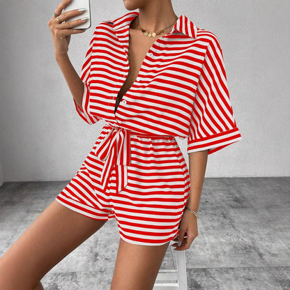 2025 spring and summer  Popular trade New striped lapel cardigan button medium sleeve belt shorts set onesie women