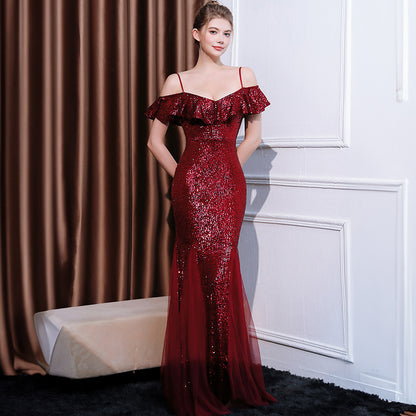 2025 Evening dress dress women's light luxury high-end temperament simple banquet socialite sexy backless suspender long fishtail dress