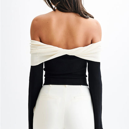 New 's new knitted top women's clothing one-word shoulder design temperament off-the-shoulder slim sweater women