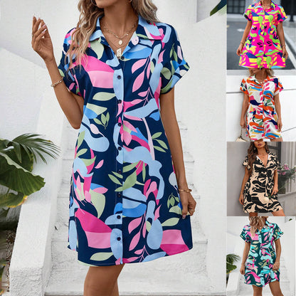 2025 popular Popular, ,  New women's clothing summer new fashion color flower print cardigan short-sleeved shirt skirt