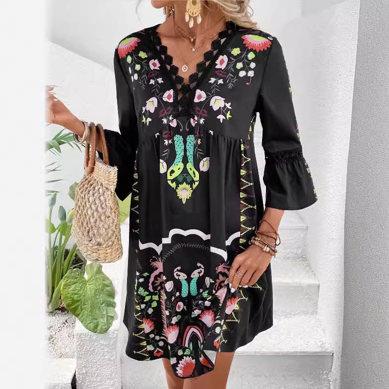 2025 Popular, ,  New women's clothing, summer new V-neck lace splicing casual versatile printed dress