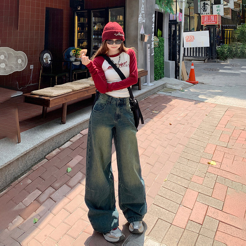 jinran masc outfits Retro Nostalgic Loose Wide-Leg Jeans for Women 2024 Autumn New High Waist Draping Slimming Straight Mop Pants