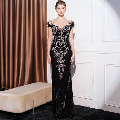2025 Evening dress dress women's high-end simple temperament banquet senior sense slim and thin one-word shoulder thin long dress