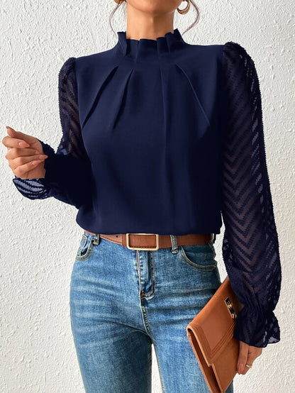 2025 popular Popular, ,  New women's clothing autumn and winter new semi-turtleneck splicing wavy chiffon long-sleeved top