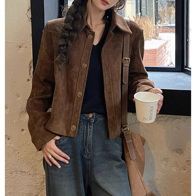 jinran fall mens outfits Design Lapel Loose 2024 Spring New Retro Suede Flight Suit Top Women's Jacket Short Coat Women