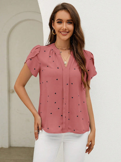 2025 tiktoktemu  women's clothing  summer V-neck love petal sleeve shirt temperament blouse