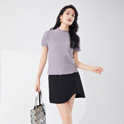 2025 Women's hot-selling short-sleeved T-shirt summer temperament semi-turtleneck slim-fitting and thin commuting simple versatile pleated top