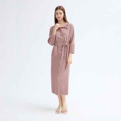 2025 spring new single-breasted long-sleeved lace-up dress medium and long Korean version simple loose pleated A-shaped skirt