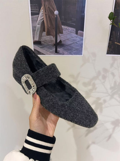 2025 thick heel velvet Mary Jane fluffy shoes women's shoes popular autumn and winter with skirt evening shoes rhinestone shoes