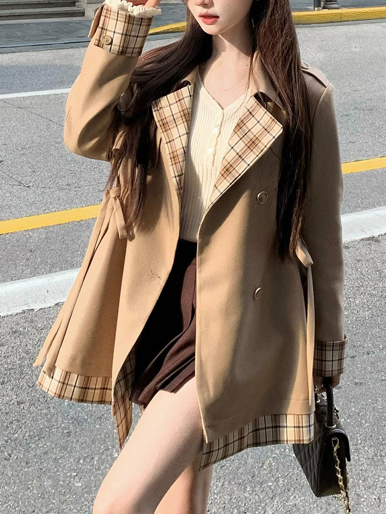 jinran 2024 fall fashion trends Maple Candy Girl Khaki Trench Coat Female 2024 Autumn Plaid Stitching Coat Small Versatile Mid-Length Trench Coat