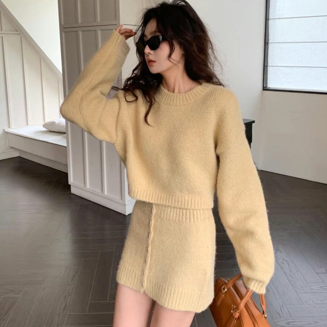 jinran concert outfit Dongdaemun 2024 Winter New Fashion Solid Color Sweater Hot Girl Knitted Hip Skirt Two-Piece Suit for Women