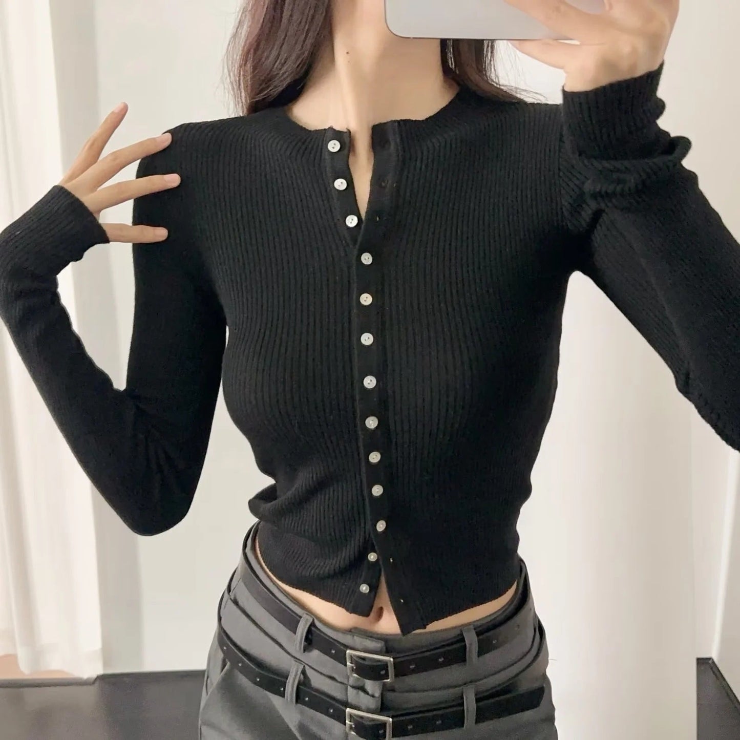 jinran business casual outfits for women 2024 Autumn New Hot Girl round Neck Single-Breasted Knitted Cardigan Women's Short Slim-Fit Long-Sleeved Sweater Top Fashion