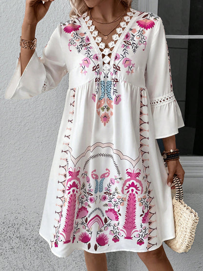2025 Popular, ,  New women's clothing, summer new V-neck lace splicing casual versatile printed dress