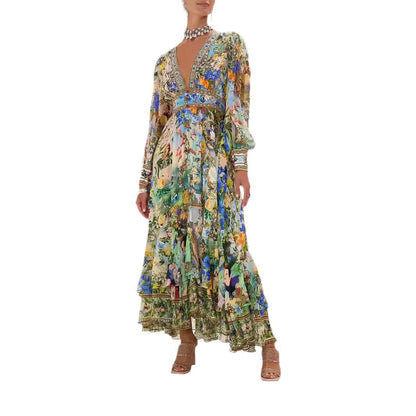 jinran party dresses 2024 New Arrival Hot Fashion Printed Long Sleeve V-neck Girdle Dress