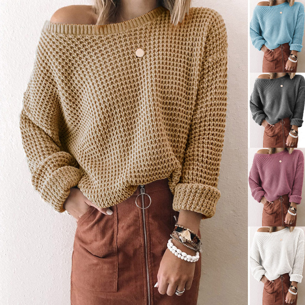 jinran discover style ideas 2024 New Sweater Women's Solid Color Loose Oblique Collar Long Sleeve Knitted Top Autumn and Winter Sweater