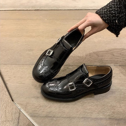 2025 Cowhide version~ Su Yinyin same miu engraved buckle with thick heel temperament versatile Oxford loafer single shoes women's small leather shoes